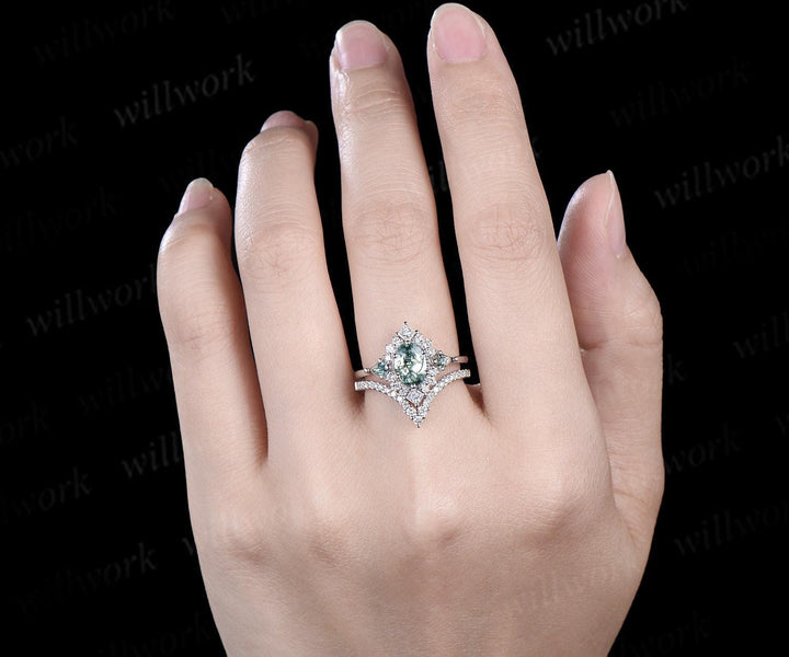Vintage oval moss agate engagement ring set stacking matching moissanite bridal ring set jewelry handmade unique promise wedding ring women