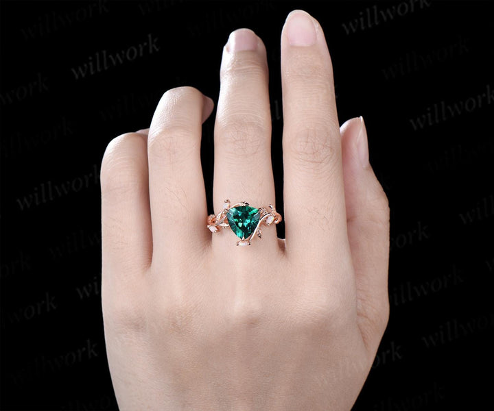 3ct Trillion cut green emerald engagement ring solid 14k rose gold leaf nature inspired five stone opal ring vintage May birthstone ring
