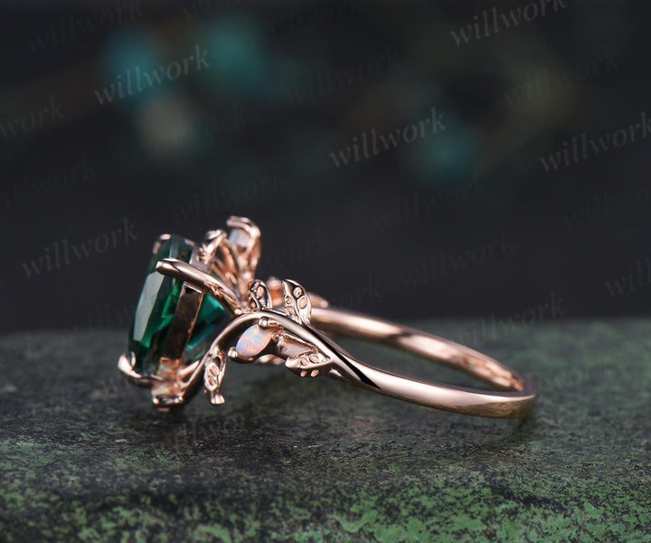 3ct Trillion cut green emerald engagement ring solid 14k rose gold leaf nature inspired five stone opal ring vintage May birthstone ring