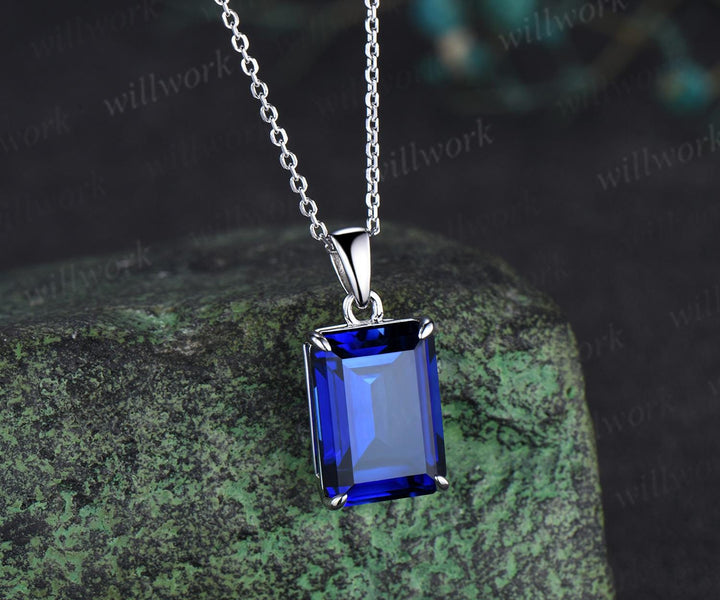 8ct emerald cut blue sapphire necklace solid 9k 14k 18k white gold solitaire pendant September birthstone anniversary bridal gift mother