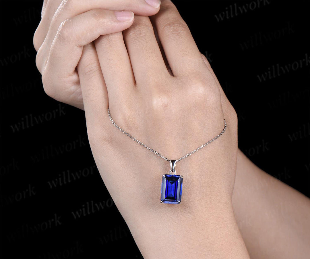 8ct emerald cut blue sapphire necklace solid 9k 14k 18k white gold solitaire pendant September birthstone anniversary bridal gift mother