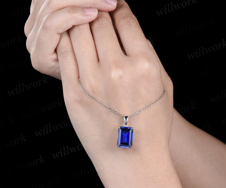 8ct emerald cut blue sapphire necklace solid 9k 14k 18k white gold solitaire pendant September birthstone anniversary bridal gift mother