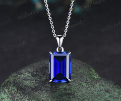 8ct emerald cut blue sapphire necklace solid 9k 14k 18k white gold solitaire pendant September birthstone anniversary bridal gift mother