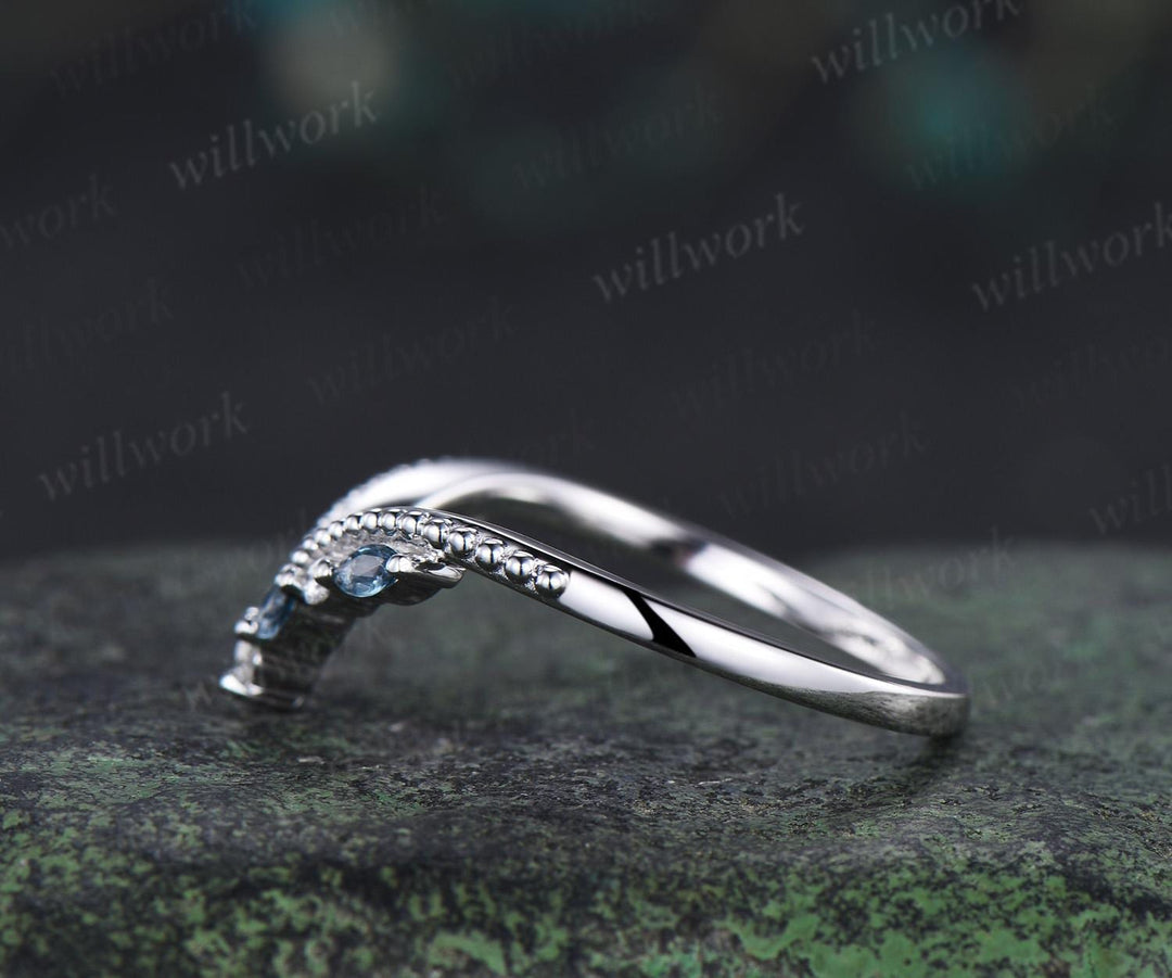 Marquise cut London blue topaz curved wedding band white gold art deco handmade stacking bridal ring women