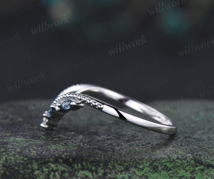 Marquise cut London blue topaz curved wedding band white gold art deco handmade stacking bridal ring women