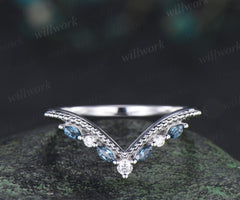 Marquise cut London blue topaz curved wedding band white gold art deco handmade stacking bridal ring women