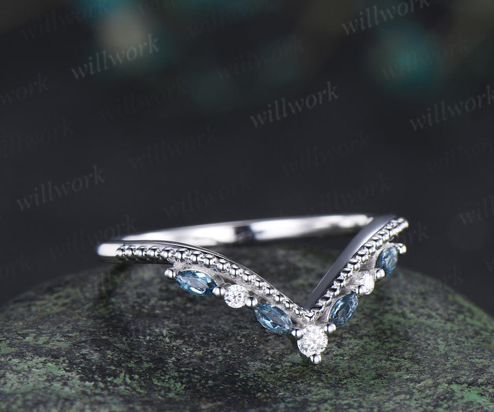 Marquise cut London blue topaz curved wedding band white gold art deco handmade stacking bridal ring women