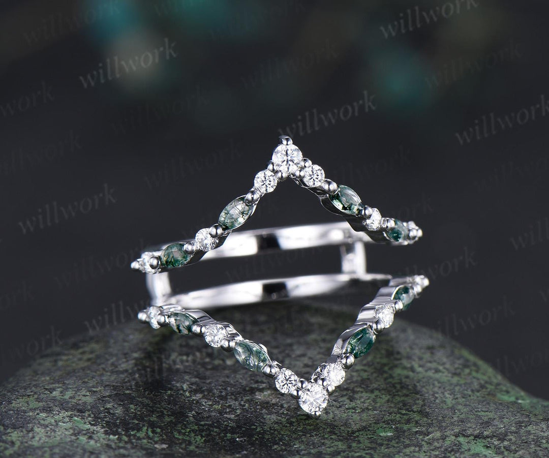 Marquise moss agate diamond wedding band enhancer wraps rose gold Double V curved stacking band band bridal ring women