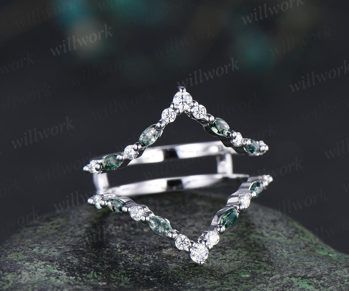 Marquise moss agate diamond wedding band enhancer wraps rose gold Double V curved stacking band band bridal ring women