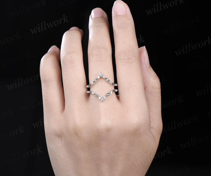 Marquise moss agate diamond wedding band enhancer wraps rose gold Double V curved stacking band band bridal ring women