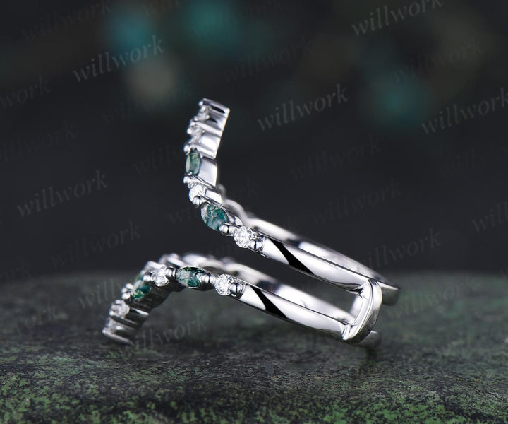 Marquise moss agate diamond wedding band enhancer wraps rose gold Double V curved stacking band band bridal ring women