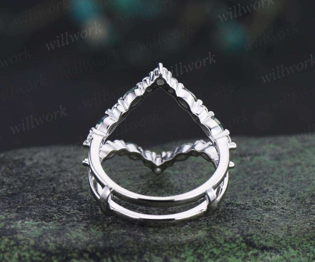 Marquise moss agate diamond wedding band enhancer wraps rose gold Double V curved stacking band band bridal ring women