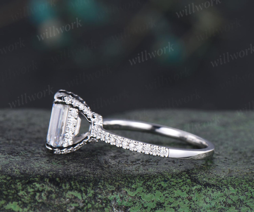 Vintage emerald cut lab grown diamond engagement ring 14k white gold engagement ring hidden halo unique promise wedding ring women jewelry