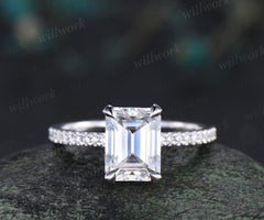 Vintage emerald cut lab grown diamond engagement ring 14k white gold engagement ring hidden halo unique promise wedding ring women jewelry