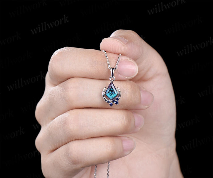 Kite cut Alexandrite necklace solid 14k 18k white gold vintage unique cluster moon sapphire pendant women her anniversary bridal gift mother