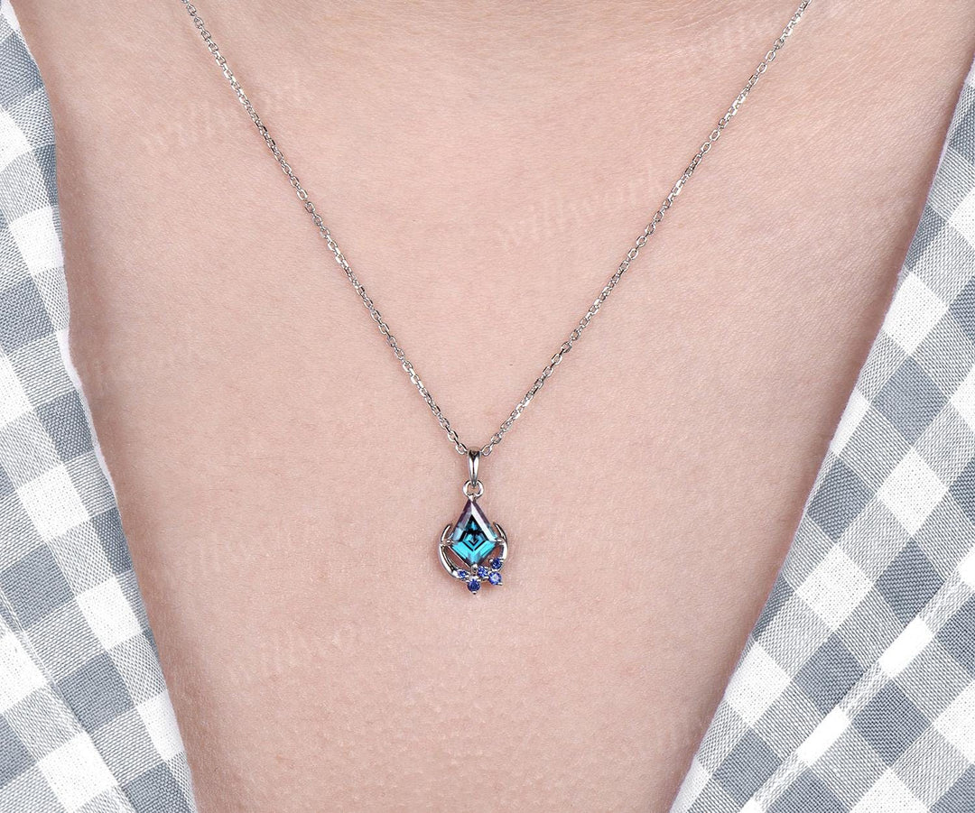Kite cut Alexandrite necklace solid 14k 18k white gold vintage unique cluster moon sapphire pendant women her anniversary bridal gift mother