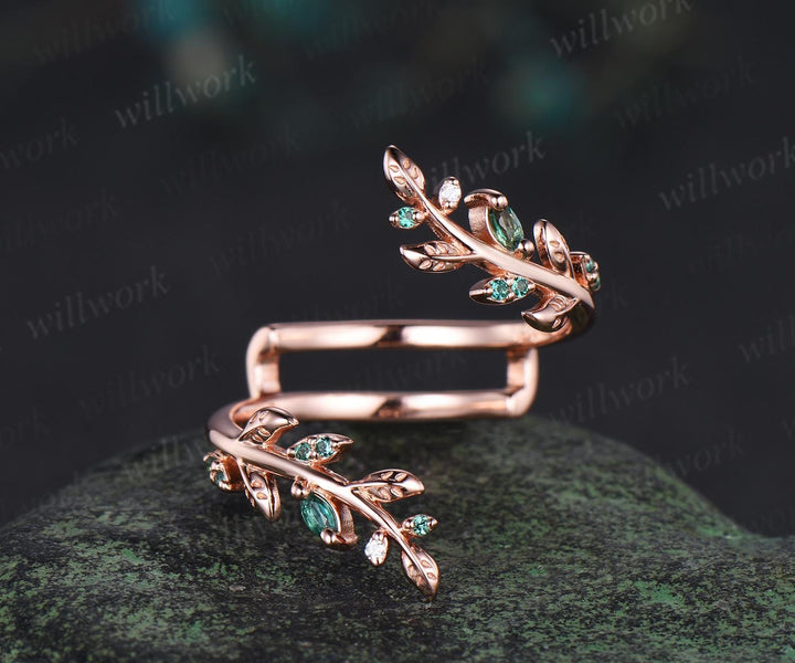 Vintage emerald leaf wedding band enhancer wraps solid 14k rose gold cluster double moissanite ring women art deco anniversary gift