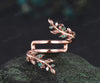 Vintage emerald leaf wedding band enhancer wraps solid 14k rose gold cluster double moissanite ring women art deco anniversary gift