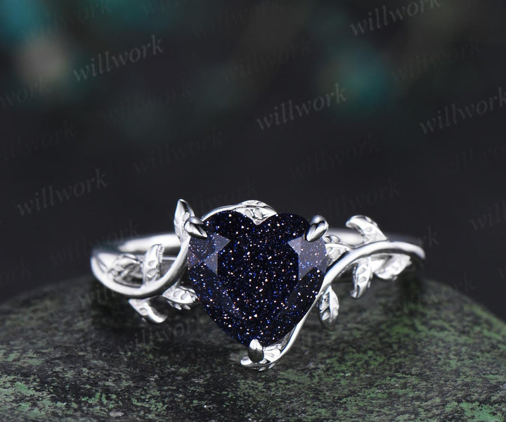 8mm heart shaped blue sandstone ring vintage Nature inspired solitaire leaf engagement ring white gold branch wedding ring women silver
