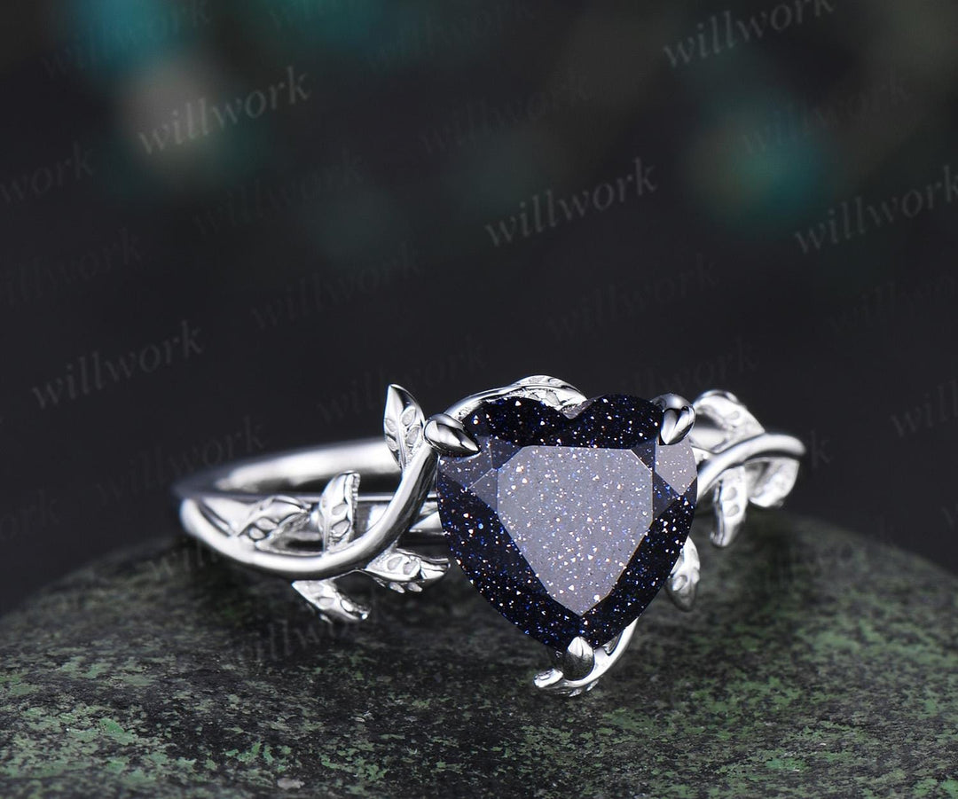 8mm heart shaped blue sandstone ring vintage Nature inspired solitaire leaf engagement ring white gold branch wedding ring women silver