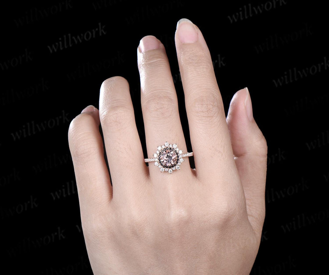 1ct round cut morganite ring vintage unique double halo engagement ring women snowdrift black spinel moissanite promise ring her