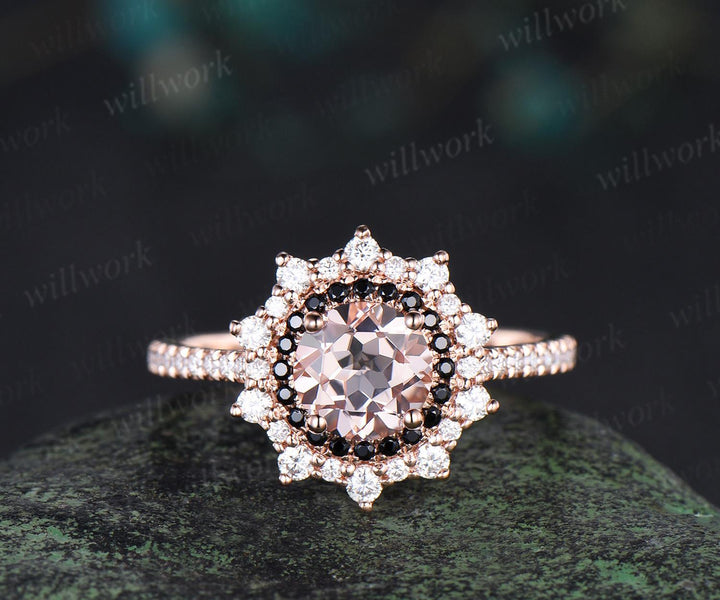 1ct round cut morganite ring vintage unique double halo engagement ring women snowdrift black spinel moissanite promise ring her