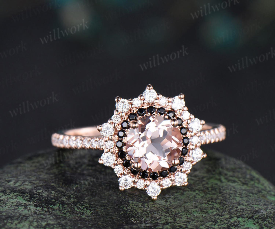 1ct round cut morganite ring vintage unique double halo engagement ring women snowdrift black spinel moissanite promise ring her