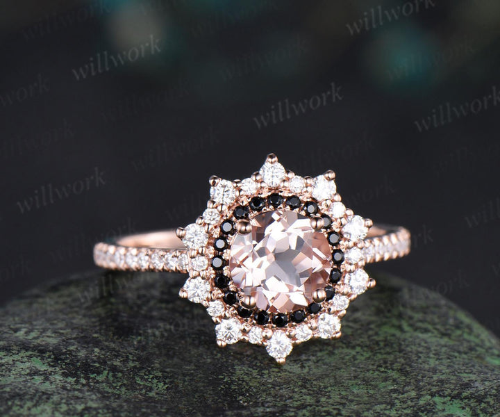 1ct round cut morganite ring vintage unique double halo engagement ring women snowdrift black spinel moissanite promise ring her