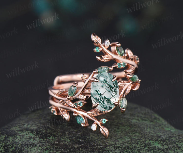 Vintage oval moss agate engagement ring set 14k rose gold leaf five stone wedding band enhancer women unique promise bridal ring set gift