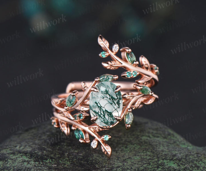 Vintage oval moss agate engagement ring set 14k rose gold leaf five stone wedding band enhancer women unique promise bridal ring set gift