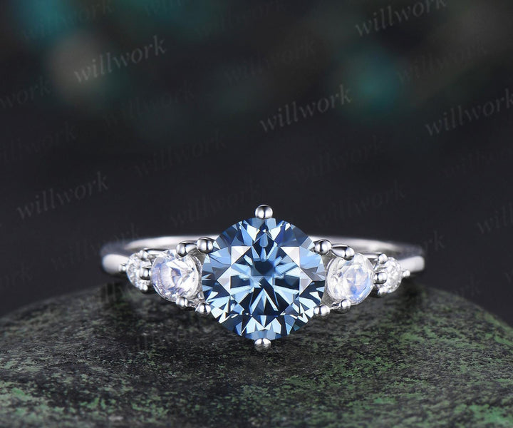 Unique round cut blue moissanite engagement ring set five stone moonstone ring minimalist moissanite bridal wedding ring set for women