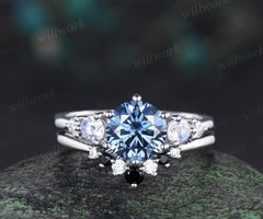 Unique round cut blue moissanite engagement ring set five stone moonstone ring minimalist moissanite bridal wedding ring set for women