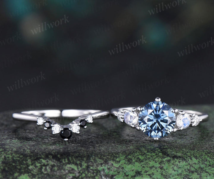 Unique round cut blue moissanite engagement ring set five stone moonstone ring minimalist moissanite bridal wedding ring set for women