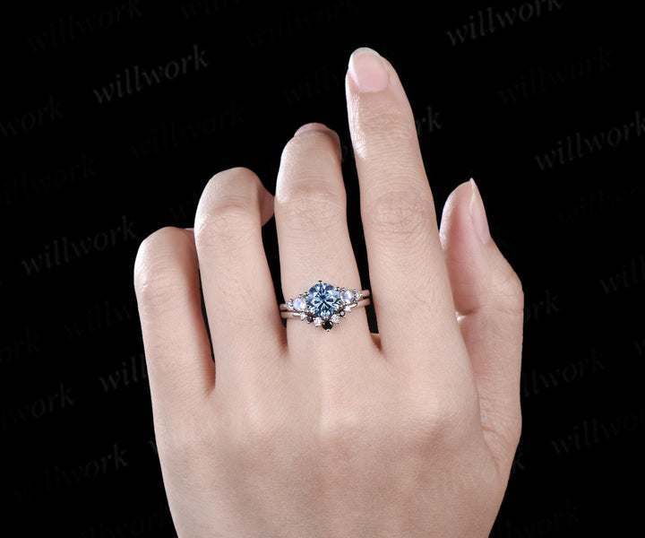 Unique round cut blue moissanite engagement ring set five stone moonstone ring minimalist moissanite bridal wedding ring set for women
