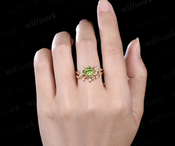 1ct round cut peridot engagement ring set leaf five stone 14k yellow gold ring nature inspired art deco wedding bridal ring set women
