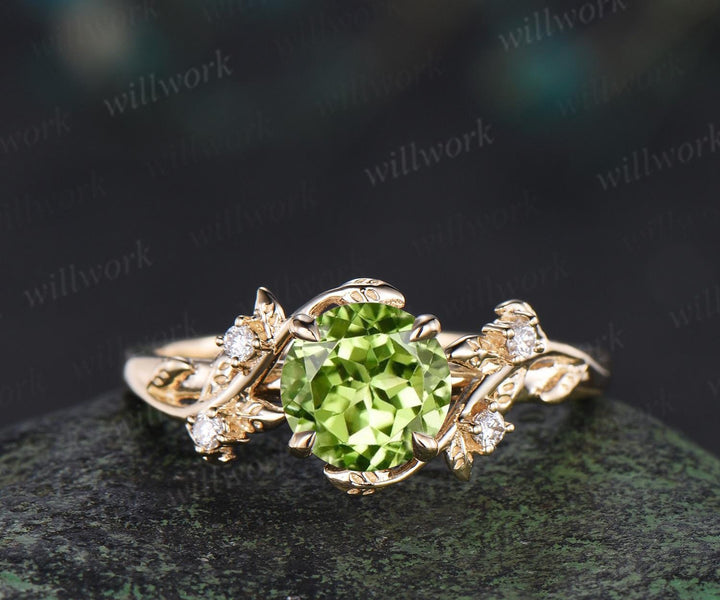 1ct round cut peridot engagement ring set leaf five stone 14k yellow gold ring nature inspired art deco wedding bridal ring set women