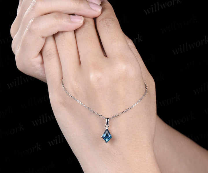 Kite cut London blue topaz necklace solid 14k 18k rose gold vintage unique Personalized pendant for women her anniversary bridal gift mother