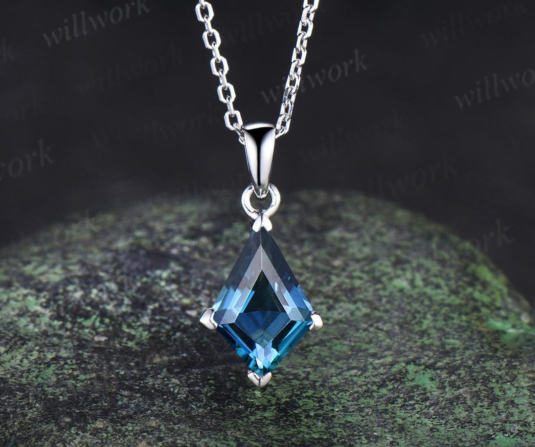 Kite cut London blue topaz necklace solid 14k 18k rose gold vintage unique Personalized pendant for women her anniversary bridal gift mother