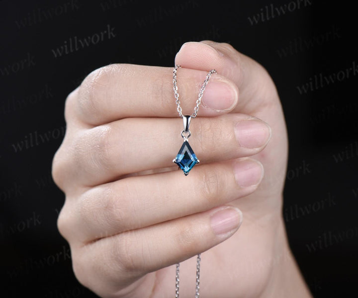 Kite cut London blue topaz necklace solid 14k 18k rose gold vintage unique Personalized pendant for women her anniversary bridal gift mother