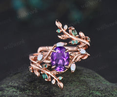 Oval cut amethyst engagement ring set 14k rose gold opal emerald branch leaf cluster wedding band enhancer women unique wedding ring set