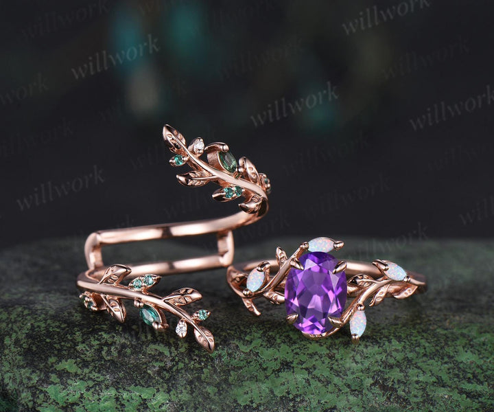 Oval cut amethyst engagement ring set 14k rose gold opal emerald branch leaf cluster wedding band enhancer women unique wedding ring set
