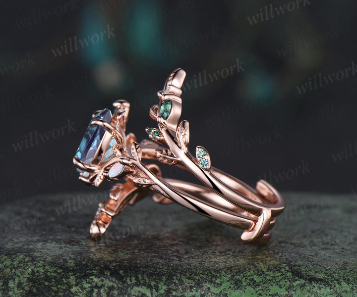 Oval cut Alexandrite engagement ring set women 14k rose gold opal emerald branch leaf cluster wedding band enhancer promise ring her