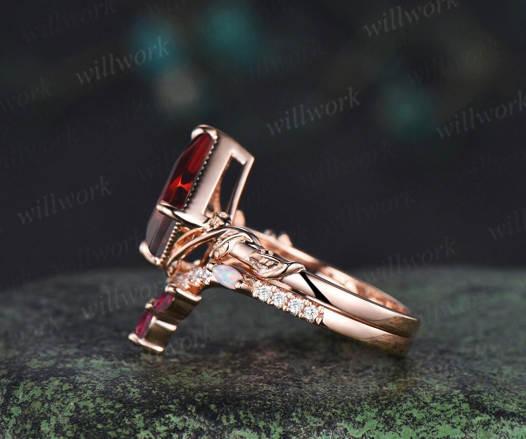 Kite cut red ruby engagement ring set twisted milgrain leaf solitaire ring rose gold opal half eternity unique wedding ring set jewelry