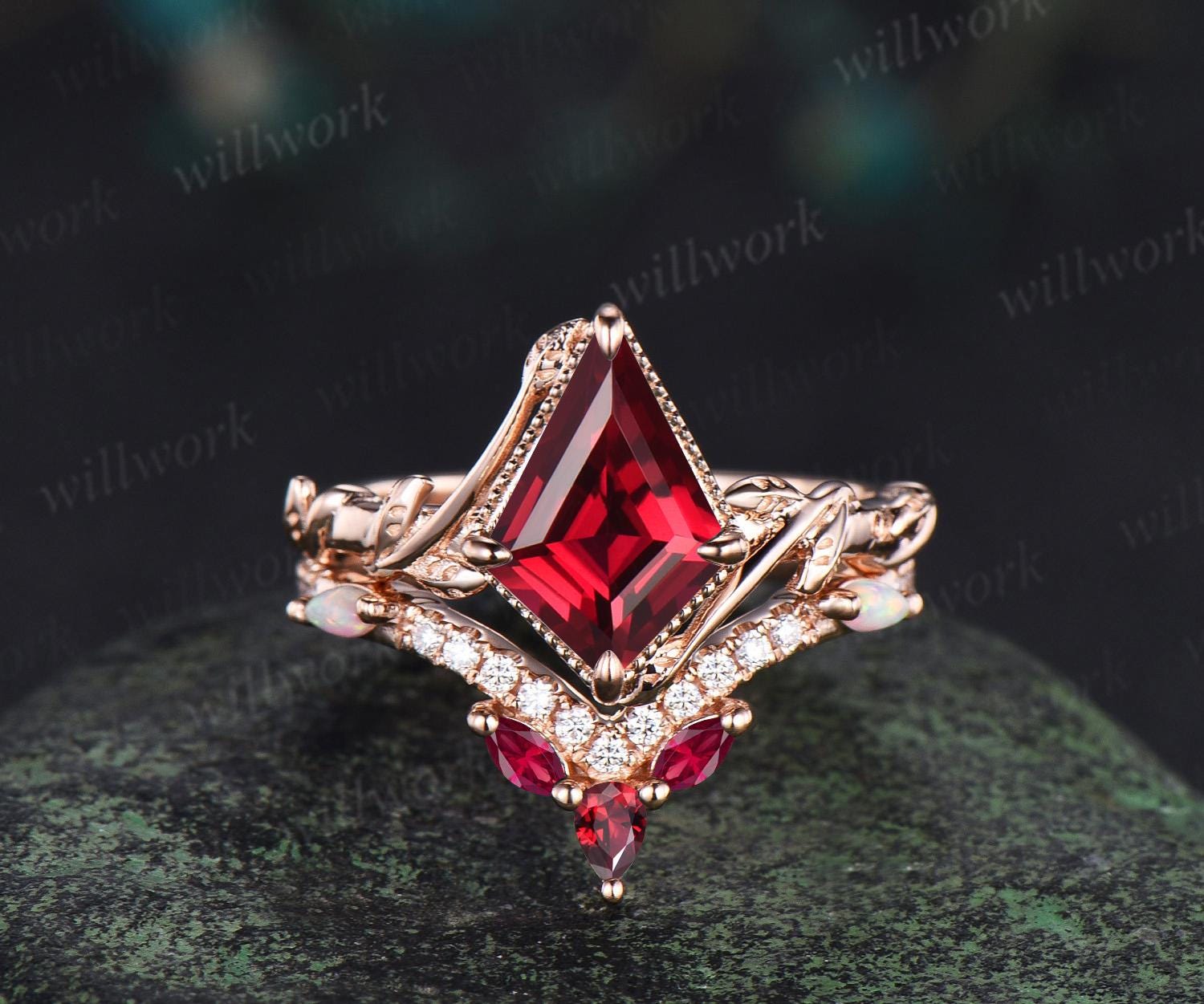 Kite cut red ruby engagement ring set twisted milgrain leaf