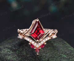 Kite cut red ruby engagement ring set twisted milgrain leaf solitaire ring rose gold opal half eternity unique wedding ring set jewelry