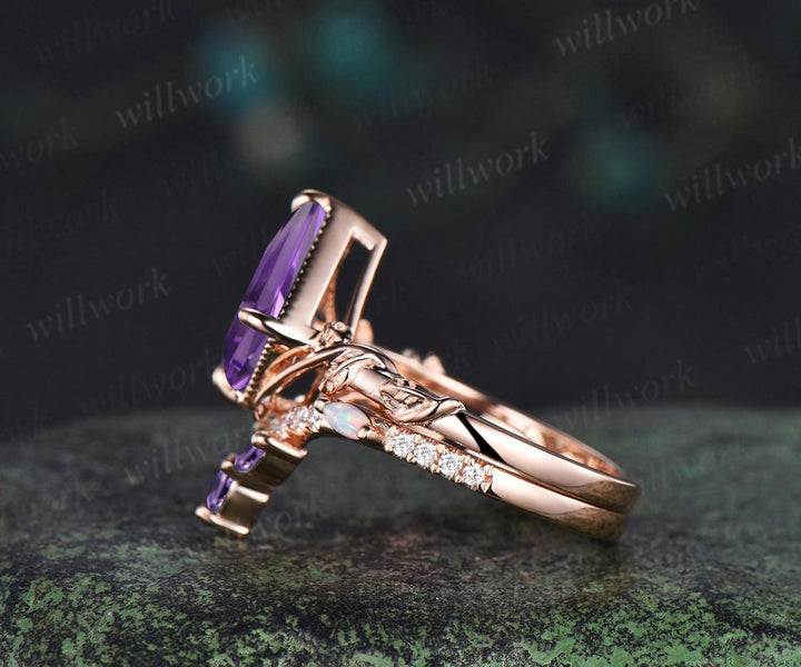 Kite cut purple amethyst engagement ring set 14k rose gold February birthstone ring nature inspired leaf opal bridal ring set women jewely