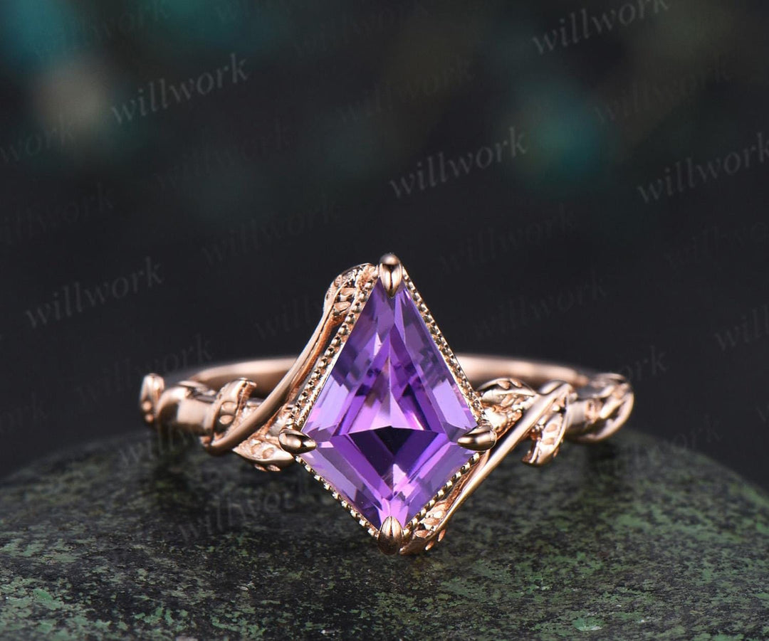 Kite cut purple amethyst engagement ring set 14k rose gold February birthstone ring nature inspired leaf opal bridal ring set women jewely