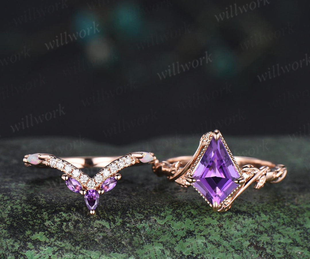 Kite cut purple amethyst engagement ring set 14k rose gold February birthstone ring nature inspired leaf opal bridal ring set women jewely