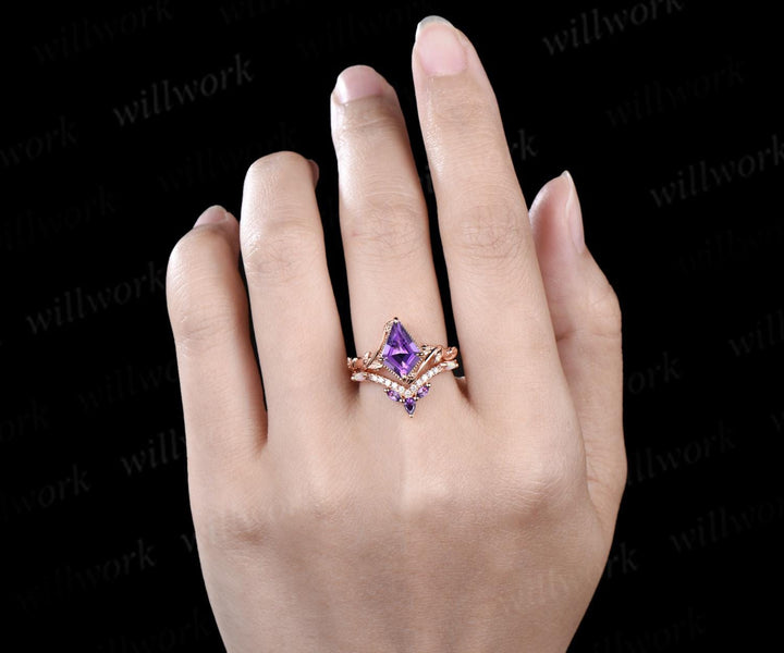 Kite cut purple amethyst engagement ring set 14k rose gold February birthstone ring nature inspired leaf opal bridal ring set women jewely