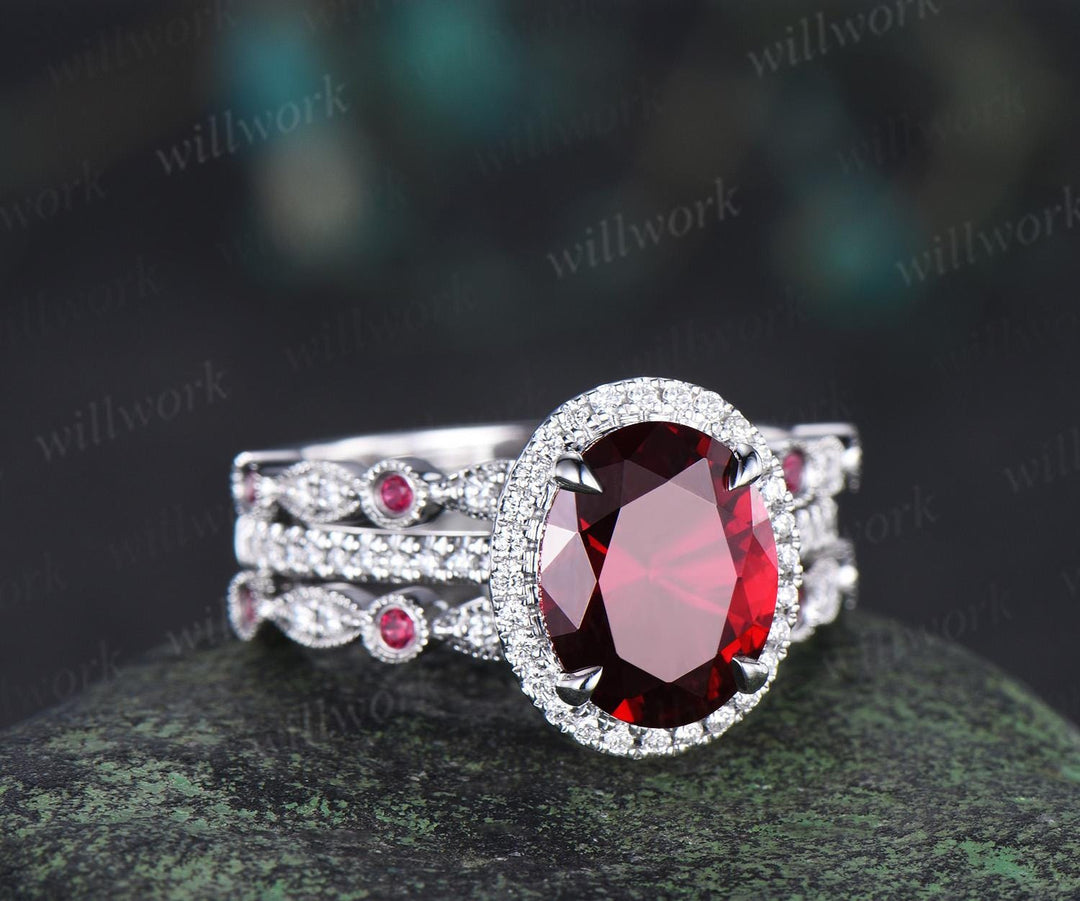 3ct oval red ruby engagement ring set white gold halo milgrain art deco diamond half eternity wedding bridal ring set jewelry